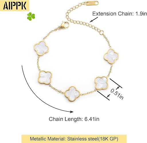 AIPPK 18K Gold Plated Clover Lucky Bracelet for Women White/Black/Red/Green Flower Four Leaf Link Bracelets Trendy Jewelry Gifts for Women