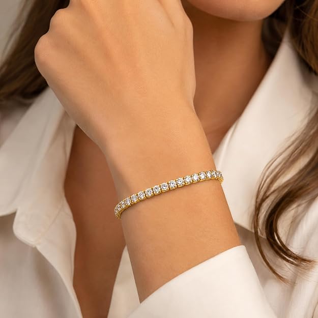 5 Carat - 10 Carat Lab Grown Diamond Tennis Bracelet | 14K Yellow Gold Four prong Link Tennis Bracelet Size 6.5 To 8 inch | E-F color and VS1 clarity