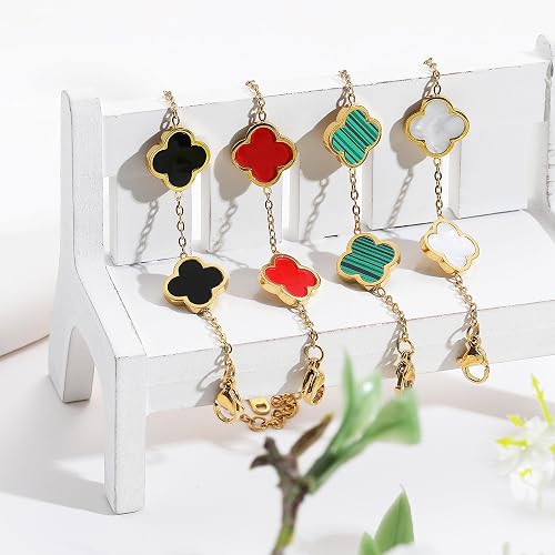 AIPPK 18K Gold Plated Clover Lucky Bracelet for Women White/Black/Red/Green Flower Four Leaf Link Bracelets Trendy Jewelry Gifts for Women